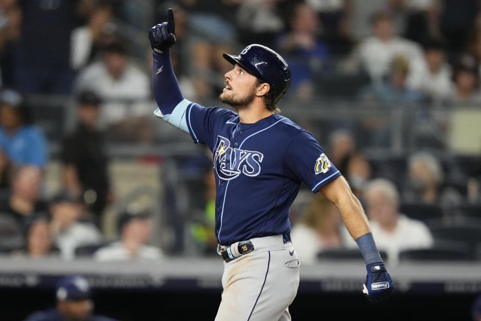 Tampa Bay Rays' Josh Lowe gestures after hitting a three-run home run during the eighth inning of the team's baseball game against the New York Yankees on Friday, May 12, 2023, in New York. (AP Photo/Frank Franklin II)