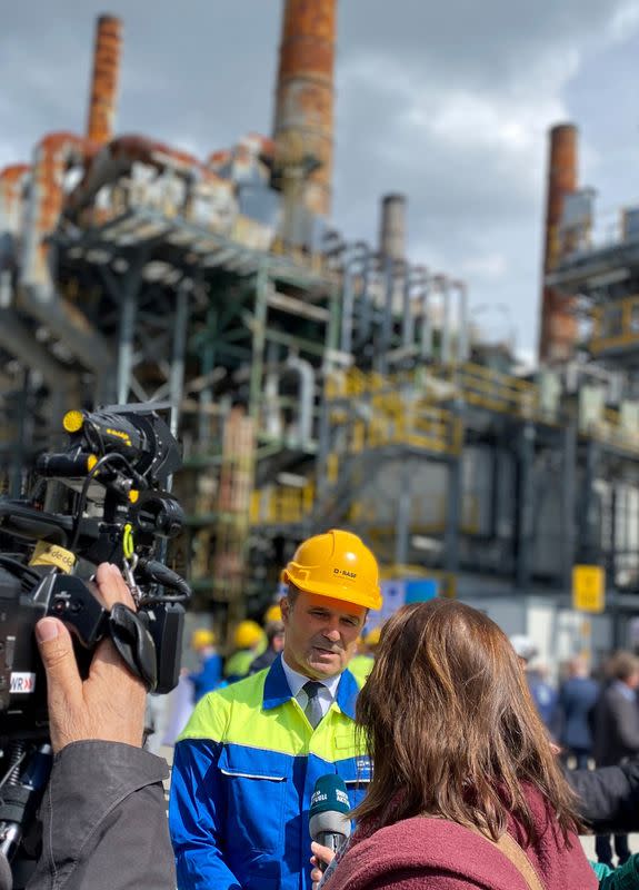 BASF CEO Martin Brudermueller answers journalists' questions at the start of a test run for the world's first large-scale electrically heated steam cracking furnace in Ludwigshafen