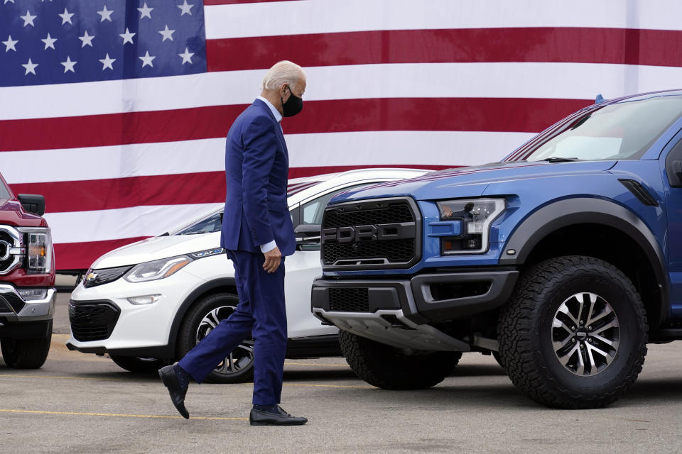 FILE - In this Sept. 9, 2020, file photo Democratic presidential candidate former Vice President Joe Biden leaves after speaking during a campaign event on manufacturing and buying American-made products at UAW Region 1 headquarters in Warren, Mich. (AP Photo/Patrick Semansky, File)