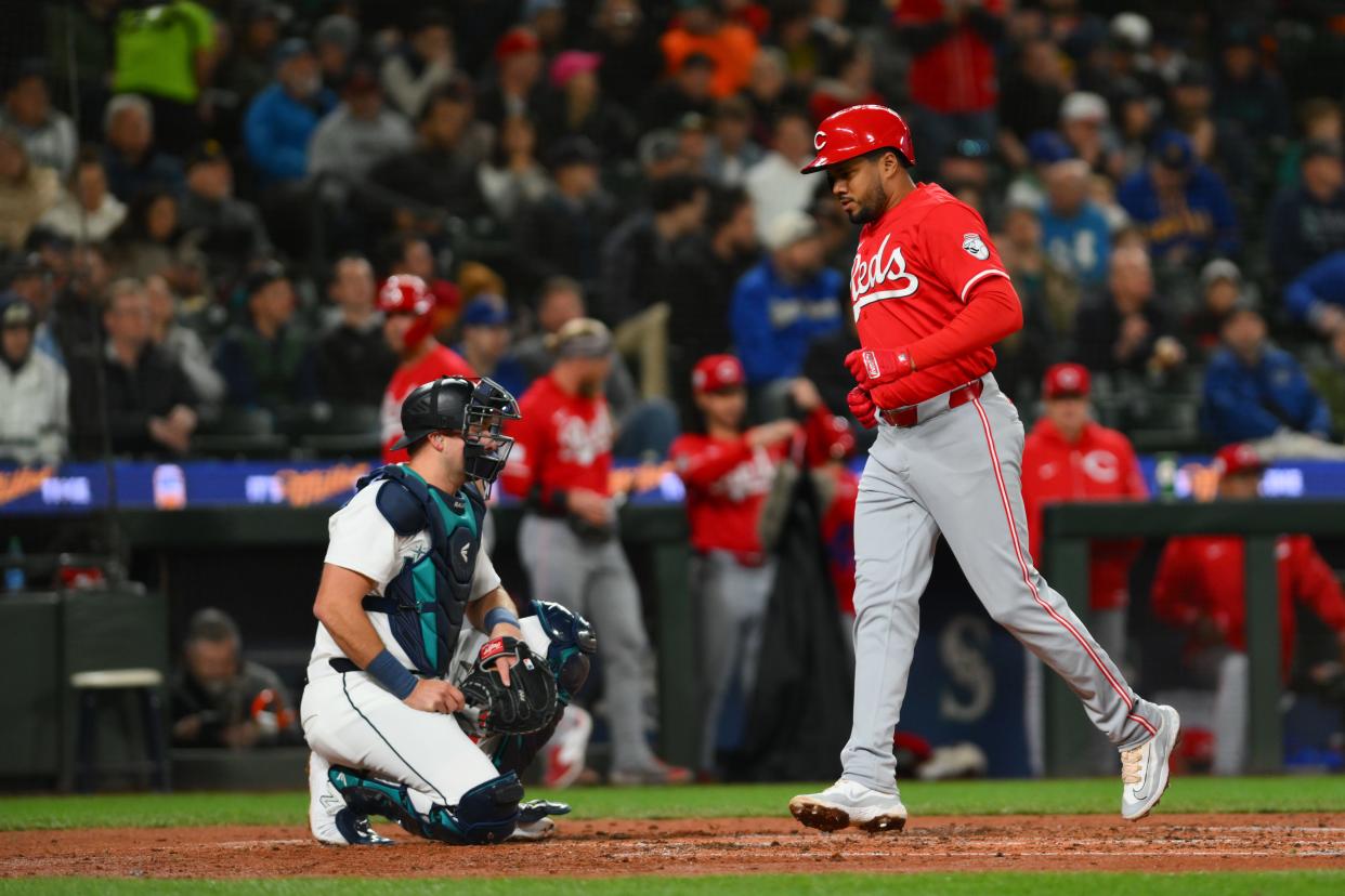 Reds third baseman Jeimer Candelario homered against the Mariners in Monday's series opener in Seattle.