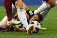 <p>Mexico’s forward Javier Hernandez lies on the pitch during the Russia 2018 World Cup Group F football match between Germany and Mexico at the Luzhniki Stadium in Moscow on June 17, 2018. (Photo by Yuri CORTEZ / AFP) </p>