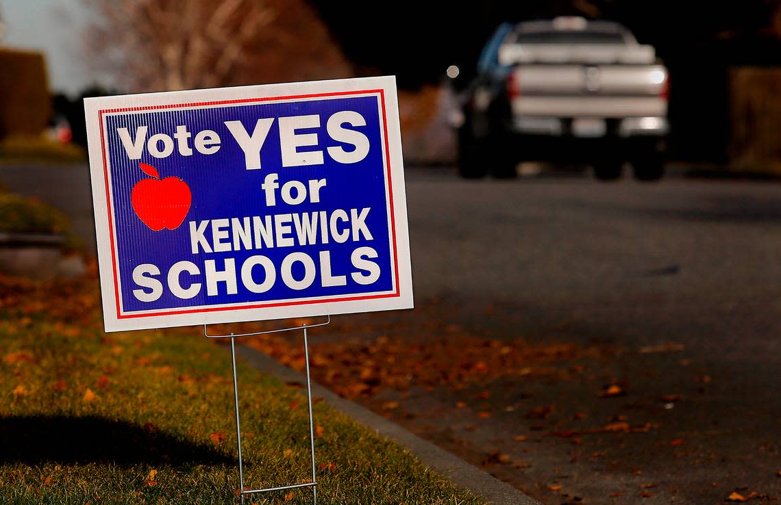 A sign of support for Kennewick Schools is displayed in the front yard of a home in south Kennewick.