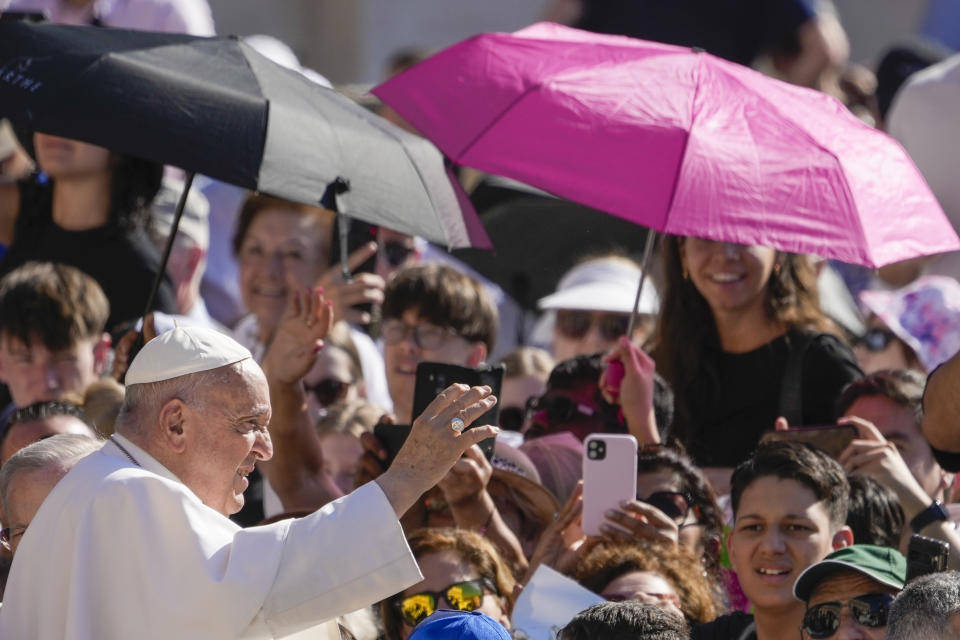 Pope Francis arrives for his weekly general audience in the St. Peter's Square at the Vatican, Wednesday, June 26, 2024. (AP Photo/Andrew Medichini)