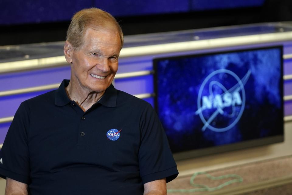 NASA administrator Bill Nelson takes part in an interview before the scheduled launch of the Artemis 1 rocket at the Kennedy Space Center, Wednesday, Aug. 24, 2022, in Cape Canaveral, Fla. The launch is scheduled for Monday morning Aug 29. (AP Photo/John Raoux)