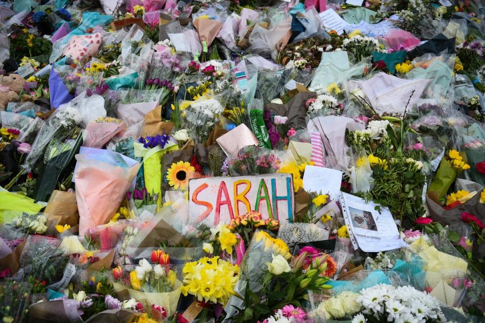 Floral tributes left next to the bandstand in Clapham Common, London, for Sarah Everard (Kirsty O’Connor/PA) (PA Archive)