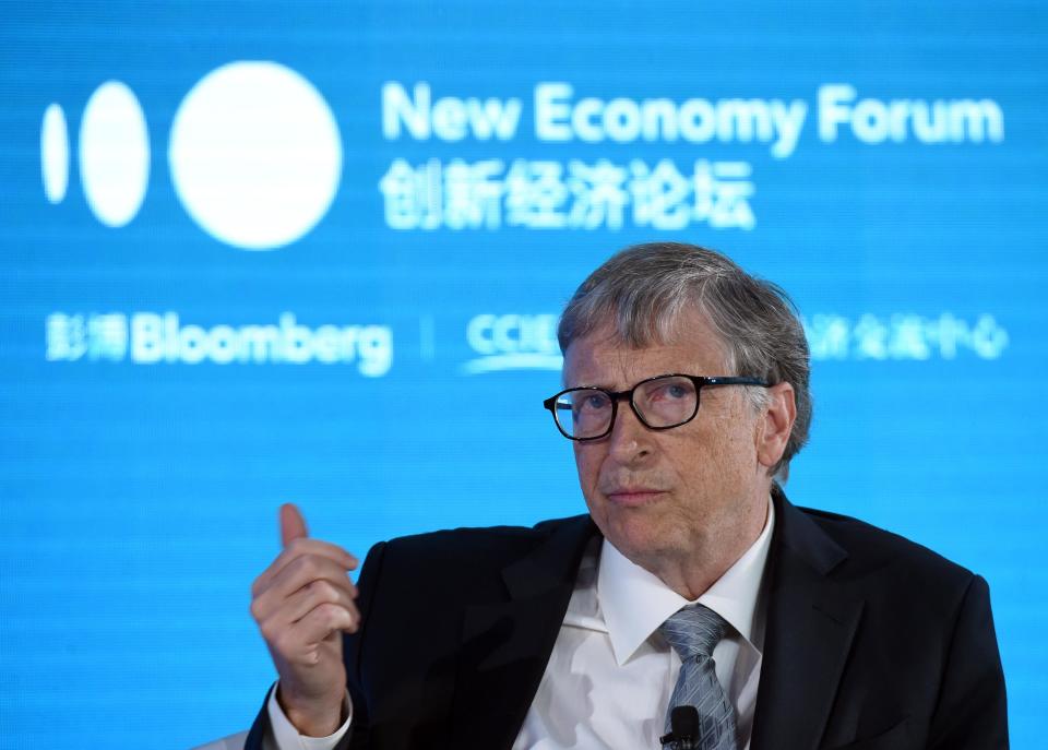 BEIJING, CHINA - NOVEMBER 21: Bill & Melinda Gates Foundation Chairman Bill Gates speaks during 2019 New Economy Forum at China Center for International Economic Exchanges (CCIEE) on November 21, 2019 in Beijing, China. 2019 New Economy Forum themed on 'A new community for the new economy' is held on November 20-22 in Beijing. (Photo by Hou Yu/China News Service/VCG via Getty Images)