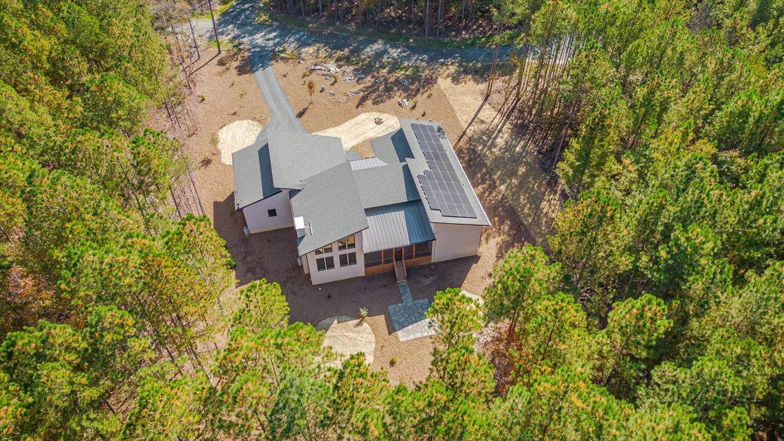 An aerial shot of the first home in Array, a new net-zero neighborhood in Orange County. Array