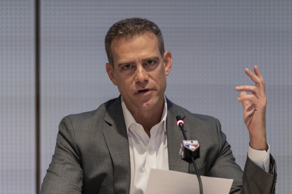 Former Boston Red Sox baseball executive Theo Epstein speaks during a news conference at Major League Baseball's headquarters on Friday, Sept. 9, 2022. (AP Photo/Jeenah Moon)