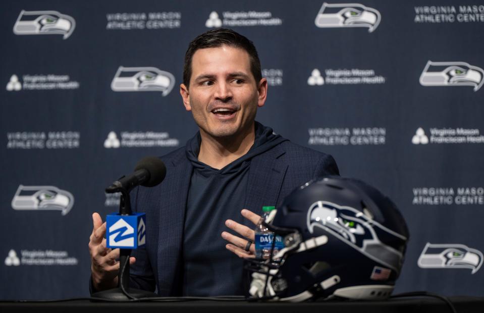 Seattle Seahawks new NFL football head coach Mike Macdonald speaks during an introductory press conference, Thursday, Feb. 1, 2024, in Renton.