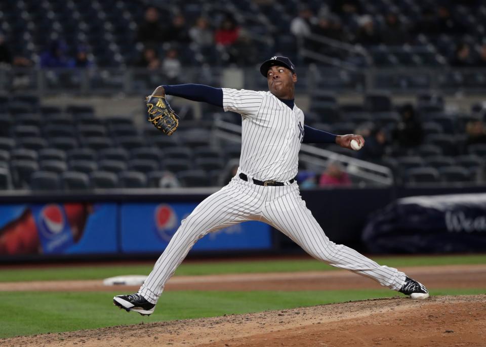 You can bet Jackie Bradley felt this pitch from Aroldis Chapman. (AP Photo)