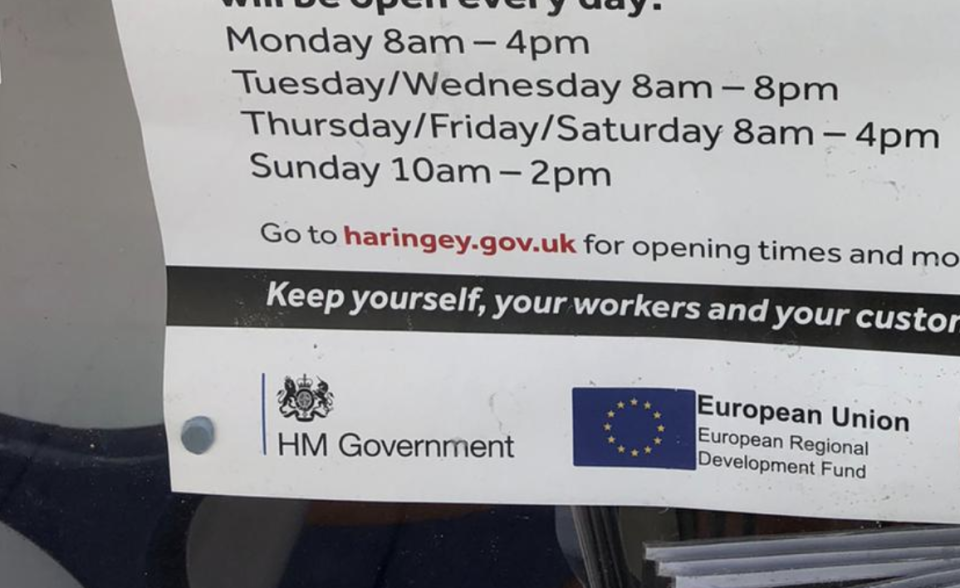 An example of a poster funded under the scheme bearing the required EU flag, spotted in north London (Olivia Alabaster / The Independent)