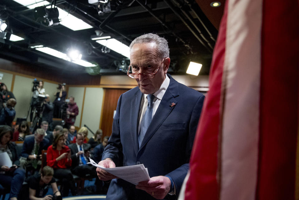 Senate Minority Leader Sen. Chuck Schumer of N.Y. leaves after speaking at a news conference, Monday, Dec. 16, 2019, on Capitol Hill in Washington. (AP Photo/Andrew Harnik)