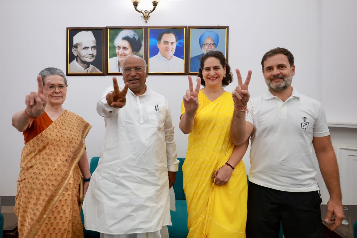 The Congress-led INDIA alliance defied all expectations in a surprisingly close election. Seen here: Sonia Gandhi, Mallikarjun Kharge, Priyanka Gandhi Vadra and Rahul Gandhi (Supplied)