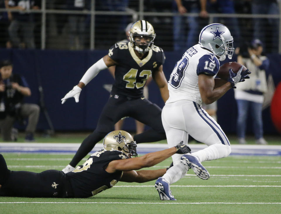 Dallas Cowboys wide receiver Amari Cooper (19) pulls in a pass over New Orleans cornerback Marshon Lattimore (23) during Dallas’ upset of the Saints in November. (AP)