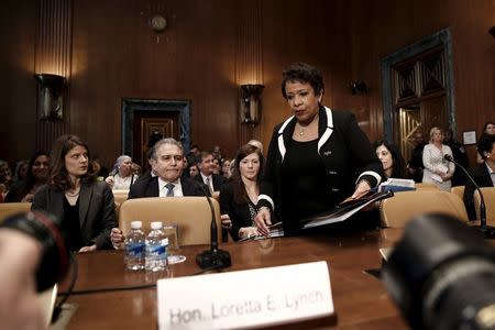 U.S. Attorney General Loretta Lynch arrives to testify before a Senate Appropriations Subcommittee hearing on the Justice Department's role in implementing new executive actions related to gun control at Capitol Hill in Washington, January 20, 2016. REUTERS/Carlos Barria