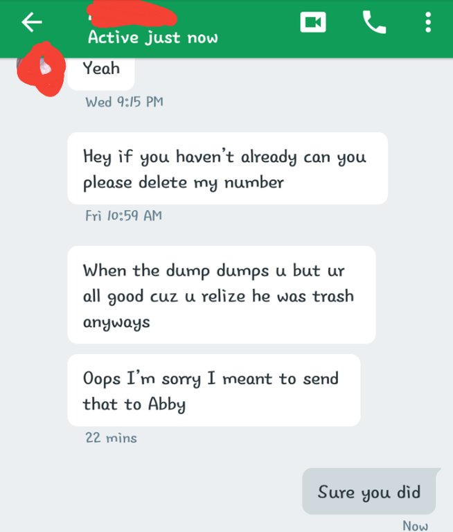 A person opens a conversation by asking the recipient to delete their number, then says &quot;when the dump dumps you but you're all good cuz you realize he was trash,&quot; then claims they meant to send that to someone else