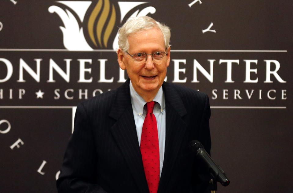 U.S. Sen. Mitch McConnell introduced U.S. Sen. Katie Britt at the McConnell Center at the University of Louisville on April 2, 2024.