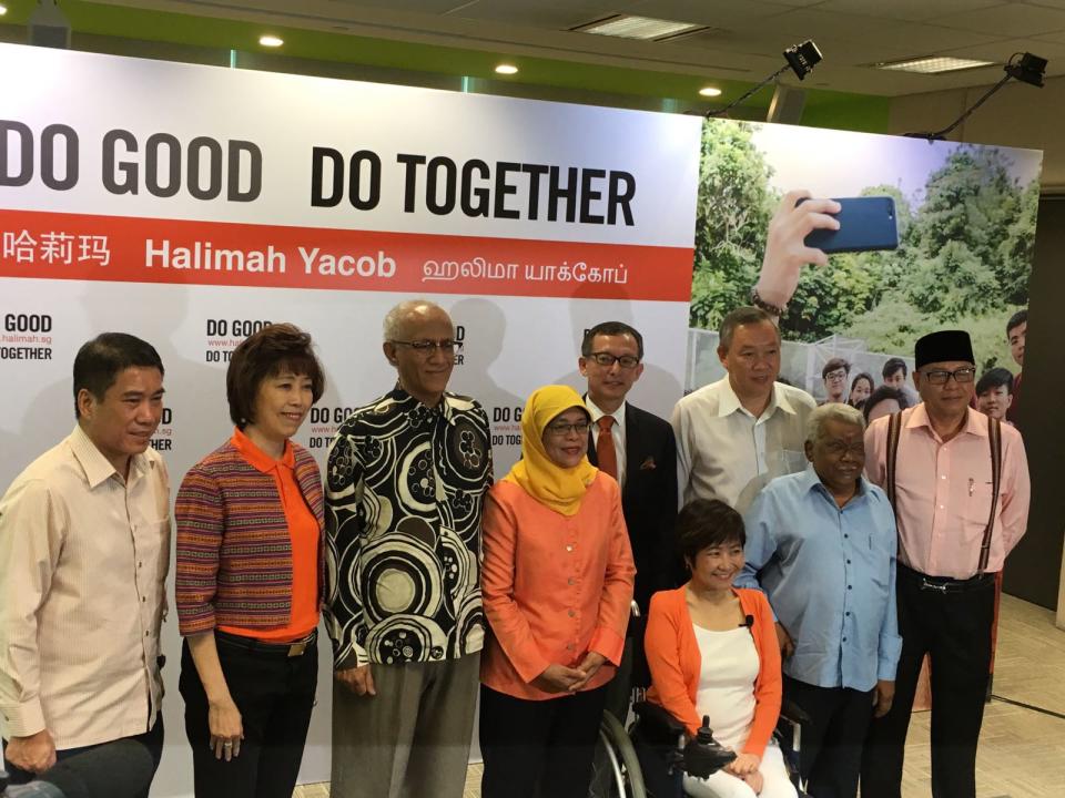 Halimah Yacob with her husband Abdullah Alhabshee (third from right) and key members of her campaign team. PHOTO: Nicholas Yong