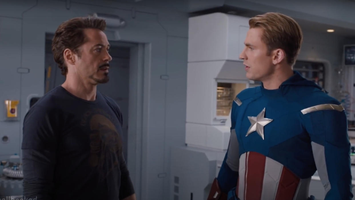  Chris Evans as Steve Rodgers and Robert Downey Jr.as Tony Stark in The Avengers (2012) . 