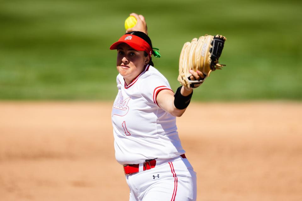 Utah starting pitcher Sydney Sandez (1) pitches during an NCAA softball game between Utah and UCLA at Dumke Family Softball Stadium in Salt Lake City on April 29, 2023. | Ryan Sun, Deseret News