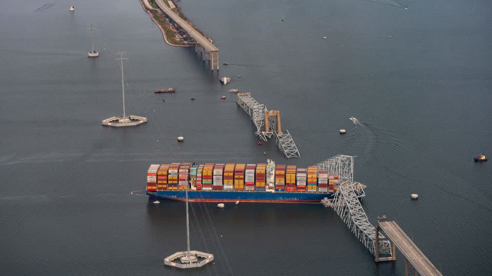 The Dali container vessel after striking the Francis Scott Key Bridge on Tuesday, March 26, 2024. - Al Drago/Bloomberg/Getty Images