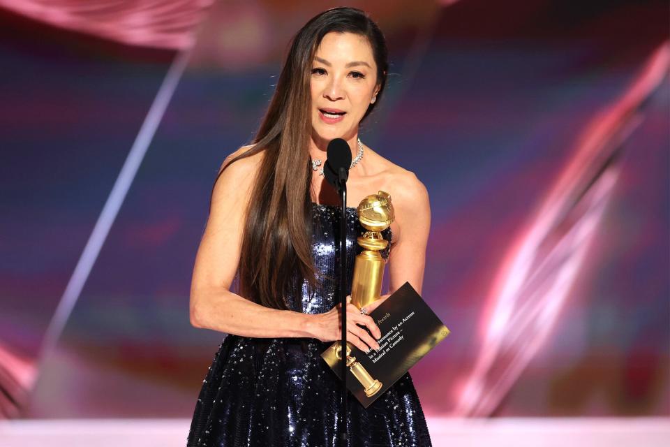 Michelle Yeoh accepts the Best Actress in a Motion Picture – Musical or Comedy award for "Everything Everywhere All at Once" onstage at the 80th Annual Golden Globe Awards held at the Beverly Hilton Hotel on January 10, 2023 in Beverly Hills, California