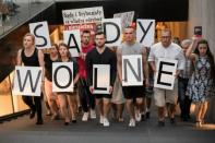 People protest against Supreme Court legislation in Wroclaw, Poland, July 20, 2017. The text reads "Free courts". Agencja Gazeta/ Kornelia Glowacka-Wolf/via REUTERS