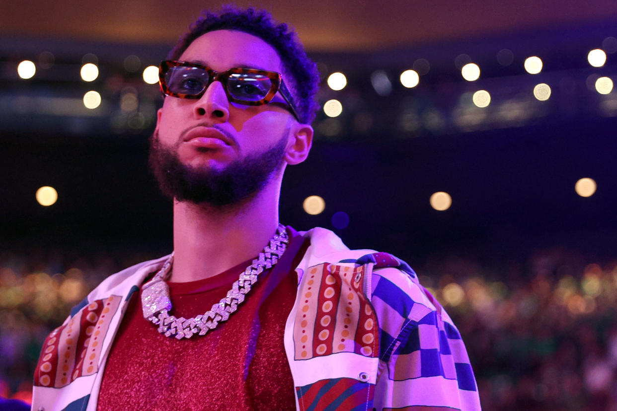 BOSTON, MASSACHUSETTS - APRIL 20: Ben Simmons #10 of the Brooklyn Nets stands for the singing of the national anthem before Game Two of the Eastern Conference First Round NBA Playoffs at TD Garden on April 20, 2022 in Boston, Massachusetts. (Photo by Maddie Meyer/Getty Images)