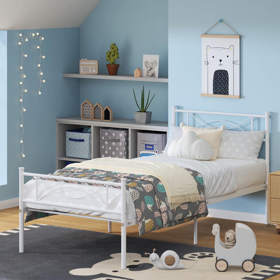 <p><a href="https://go.redirectingat.com?id=74968X1596630&url=https%3A%2F%2Fwww.walmart.com%2Fip%2FYoneston-Kids-Twin-Size-Metal-Platform-Bed-Frame-with-Bowknot-Headboards-Easy-Assembly-Mattress-Not-Included-White%2F306676075&sref=https%3A%2F%2Fwww.womenshealthmag.com%2Flife%2Fg60101281%2Fbest-cheap-bed-frame%2F" rel="nofollow noopener" target="_blank" data-ylk="slk:Shop Now;elm:context_link;itc:0;sec:content-canvas" class="link ">Shop Now</a></p><p>Kids Twin Size Metal Platform Bed Frame With Bowknot Headboards Easy Assembly (Mattress Not Included) White</p><p>walmart.com</p><p>$53.98</p>