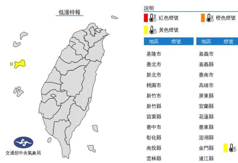 中央氣象局發布低溫特報。（中央氣象局提供）