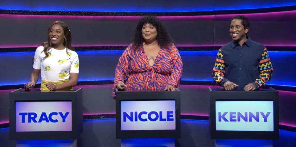 Ego Nwodim, Lizzo and Chris Redd played game show contestants in a hilarious sketch that ended in chaos. ('SNL'/NBC)