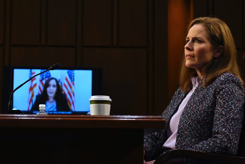 WASHINGTON, DC - OCTOBER 14: U.S. Sen. Kamala Harris (D-CA) questions Supreme Court nominee Judge Amy Coney Barrett via videoconference as she testifies before the Senate Judiciary Committee on the third day of her Supreme Court confirmation hearing on Capitol Hill on October 14, 2020 in Washington, DC. Barrett was nominated by President Donald Trump to fill the vacancy left by Justice Ruth Bader Ginsburg who passed away in September. (Photo by Andrew Caballero-Reynolds-Pool/Getty Images)