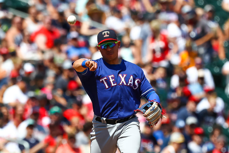 Jul 7, 2019; Minneapolis, MN, USA; Texas Rangers third baseman Asdrubal Cabrera (14) throws to first base for an out in the sixth inning against the Minnesota Twins at Target Field. Mandatory Credit: David Berding-USA TODAY Sports