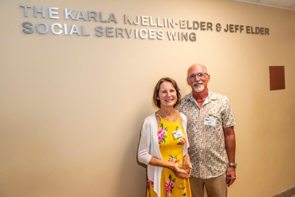 The Karla Kjellin-Elder and Jeff Elder Social Services Wing is unveiled along with its donors at the May 4, 2022, ribbon-cutting ceremony at DAP Health in Palm Springs.