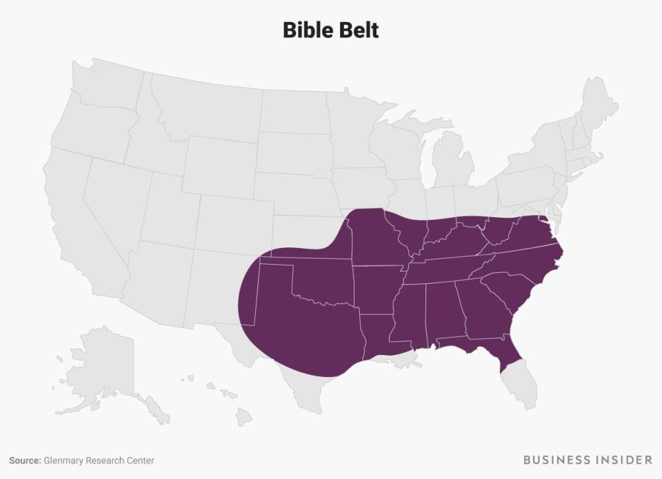 The Bible Belt region is highlighted in purple on a US map.