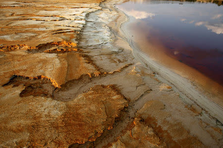 FILE PHOTO - Polluted water emanating from mining operations fills a dam near Johannesburg, South Africa on September 24, 2015. REUTERS/Mike Hutchings/File Photo