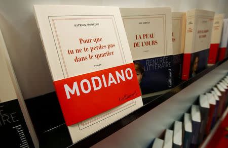 Books by Nobel prize winner Patrick Modiano are displayed at the book fair in Frankfurt Ocotber 9, 2014. REUTERS/Ralph Orlowski