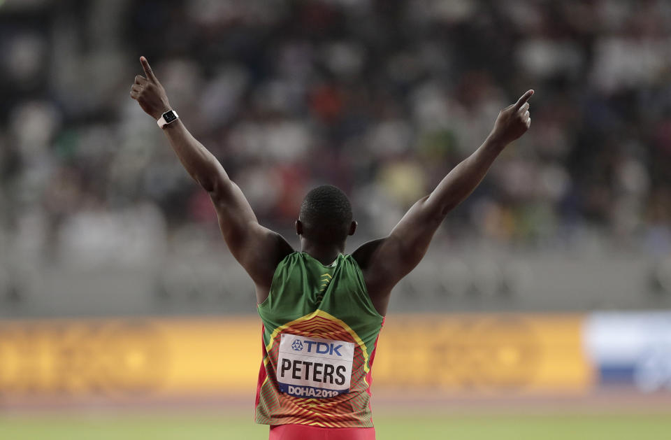 Anderson Peters, of Grenada reacts on his way to winning the gold medal in the men's javelin throw final at the World Athletics Championships in Doha, Qatar, Sunday, Oct. 6, 2019. (AP Photo/Nariman El-Mofty)