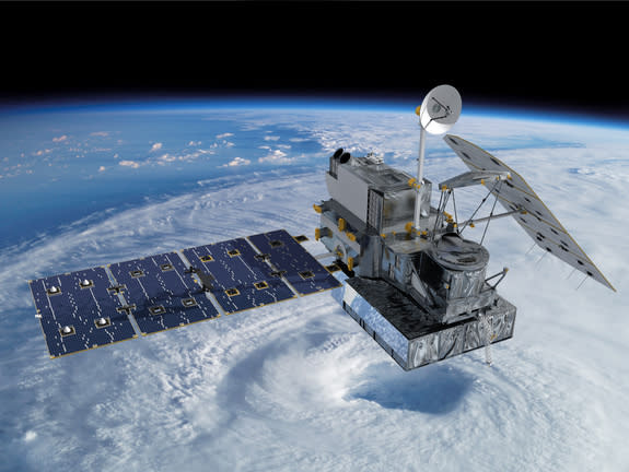 An artist's illustration of the Global Precipitation Measurement Core Observatory satellite built by NASA and JAXA to measure the Earth's rain and snow fall like never before. The satellite is launching on Feb. 27, 2014 from Japan's Tanegashima