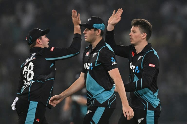 New Zealand's captain Michael Bracewell (R) high fives all-rounder Dean Foxcroft after taking the wicket of Pakistan's Shadab Khan (Aamir QURESHI)