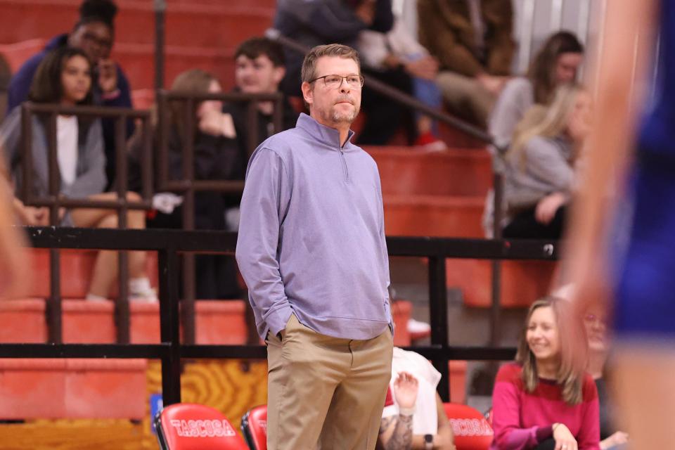 Tascosa’s Head Coach Chris Sumrall watches his team in a non district game against Childress, Tuesday, December 13, 2022, at Tascosa High School in Amarillo.  Tascosa won 49-23.