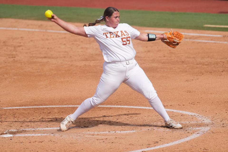 Texas' Mac Morgan delivers a pitch during an 8-0 win over Seton Hall in an NCAA Austin Regional game Friday at McCombs Field. Morgan threw four innings and teamed with Estelle Czech for a five-inning no-hitter.