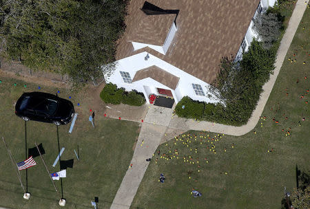 An aerial photo showing the site of a mass shooting at the First Baptist Church of Sutherland Springs, Texas, U.S., November 6, 2017. REUTERS/Jonathan Bachman