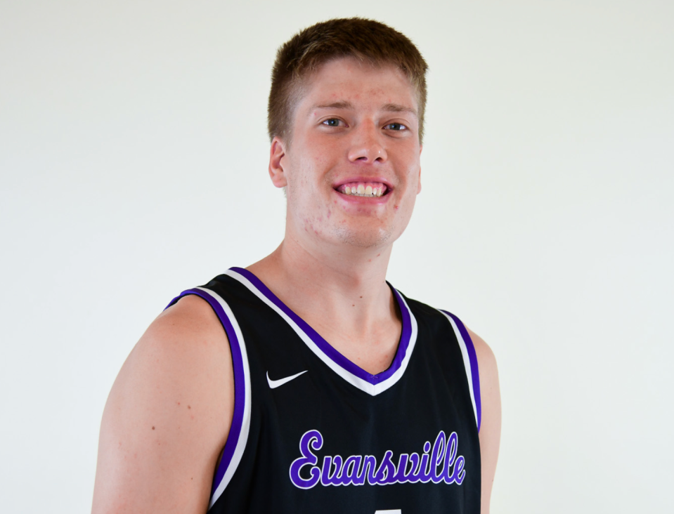 UE men's basketball forward Ben Humrichous poses for his Media Day mugshot. He transferred to UE from Huntington University.