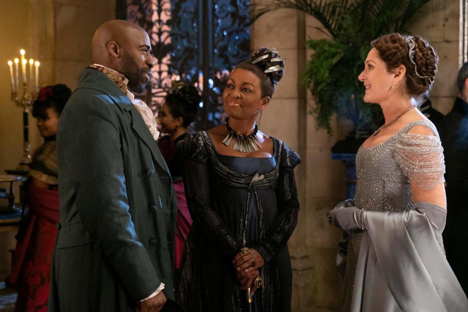 Daniel Francis as Lord Anderson, Adjoa Andoh as Lady Danbury, and Ruth Gemmell as Lady Violet Bridgerton on season three, episode four of "Bridgerton."