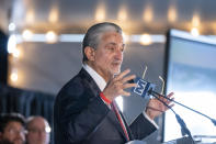 Ted Leonsis, owner of the Washington Wizards NBA basketball team and Washington Capitals HNL hockey team, speaks during an event with Virginia Gov. Glenn Youngkin to announce plans for a new sports stadium for the teams, Wednesday, Dec. 13, 2023, in Alexandria, Va. Virginia Gov. Glenn Youngkin has reached a tentative agreement with the parent company of the NBA's Washington Wizards and NHL's Washington Capitals to move those teams from the District of Columbia to what he called a new "visionary sports and entertainment venue" in northern Virginia. (AP Photo/Alex Brandon)