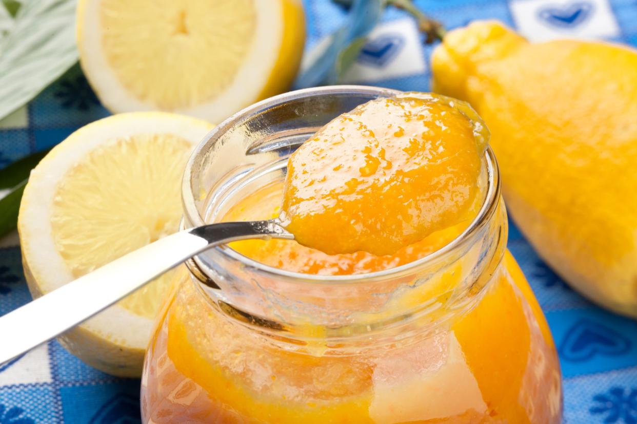 close-up of spoonful of lemon marmalade