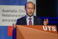 China's Ambassador to Australia, Xiao Qian gestures during his address on the state of relations between Australia and China at the University of Technology in Sydney,Australia, Friday, June 24, 2022.(AP Photo/Mark Baker)