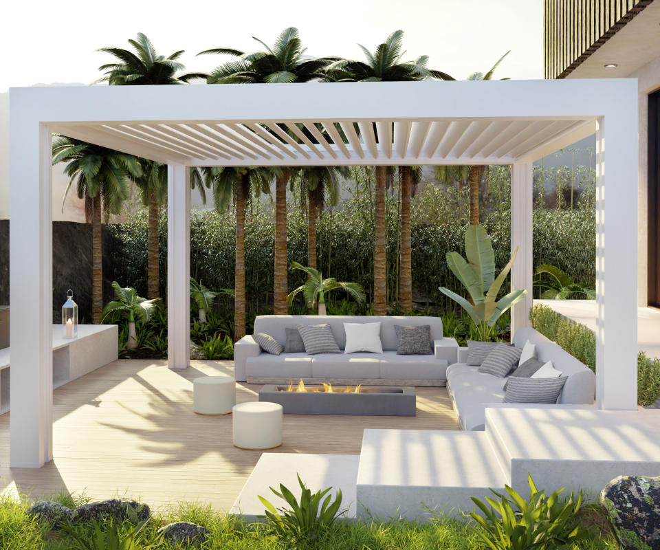 small patio with pergola, fire pit and outdoor furniture