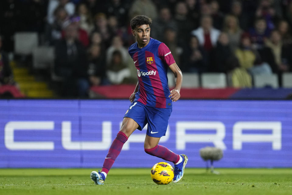 Lamine Yamal right winger of Barcelona and Spain during the LaLiga EA Sports match between FC Barcelona and RCD Mallorca at Estadi Olimpic Lluis Companys on March 8, 2024 in Barcelona, Spain. (Photo by Jose Breton/Pics Action/NurPhoto via Getty Images)